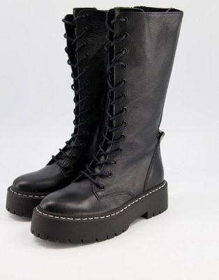 Steve Madden Vroom lace up chunky leather calf boots in black