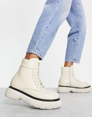 Steve Madden Wanny lace front chunky boots in bone leather | ASOS