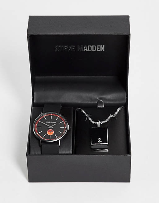 Steve Madden watch and necklace gift set in black red and silver