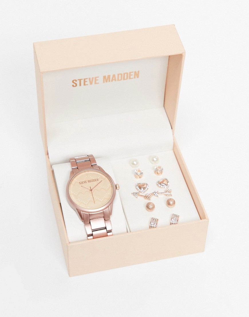 Steve Madden watch and six piece earring set in rose-Pink