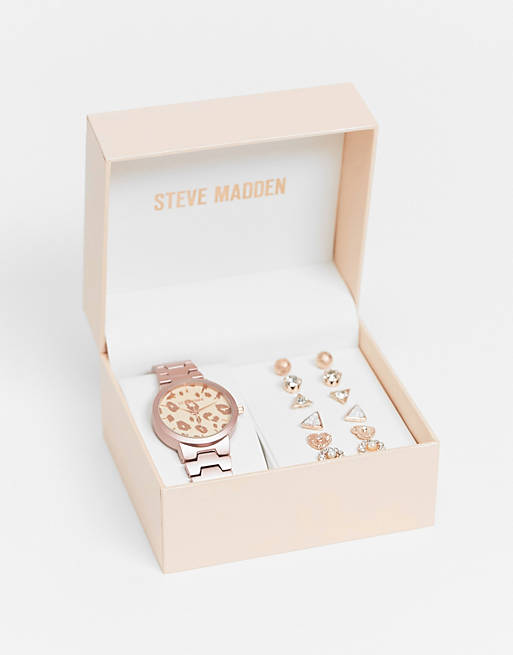 Steve Madden watch with leopard face and six piece earring set in rose