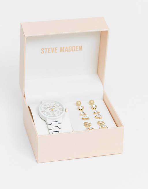 Steve Madden watch with leopard face and six piece earring set in silver and gold