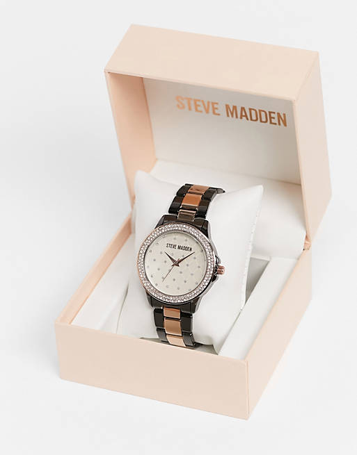Steve Madden watch with quilted dial and stones in rose gold and black