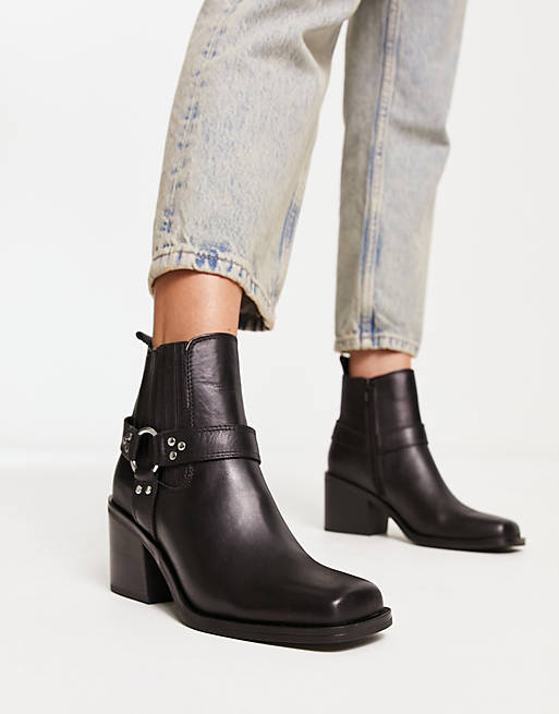 Steve Madden Wells heeled boots with harness detail in black leather | ASOS