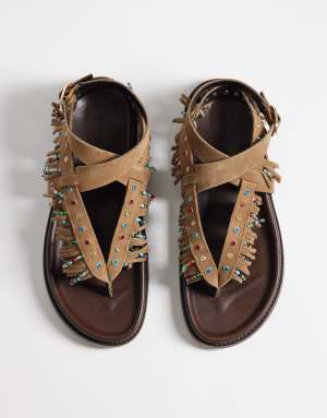 Steve Madden Wendell embellished fringed flat sandals in chestnut suede