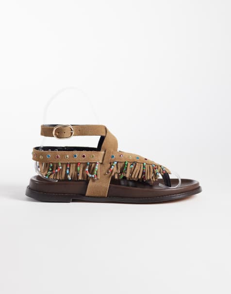 Steve Madden – Wendell – Kastanjebruna, platta sandaler med utsmyckning och fransar - view 1