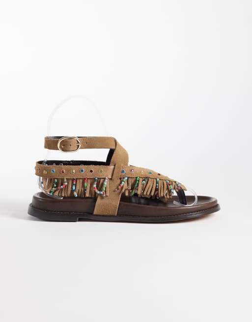 Steve Madden - Wendell - Sandalias color castaño planas con flecos y abalorios de ante