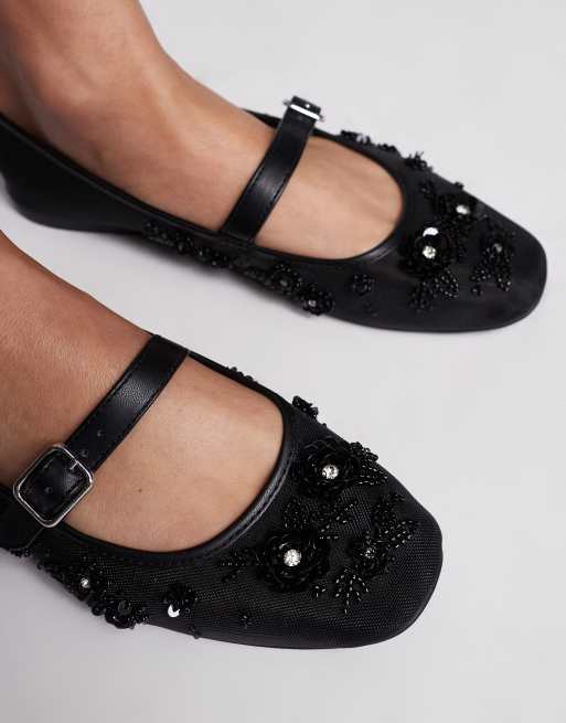 Steve Madden – Wildflower – Svarta ballerinaskor med pärlade blommor i mesh , 2 av 4
