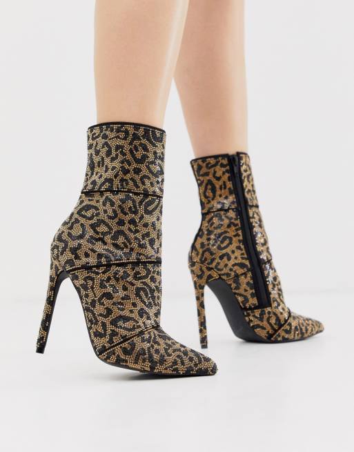 Steve Madden Winona leopard print rhinestone stiletto heeled ankle boots | ASOS