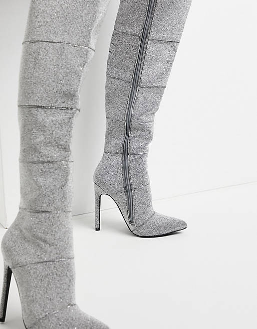 Designer Brands Steve Madden Wonders stiletto over the knee boot in silver 