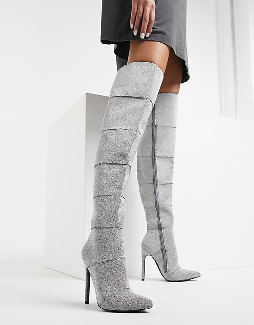 Designer Brands Steve Madden Wonders stiletto over the knee boot in silver 