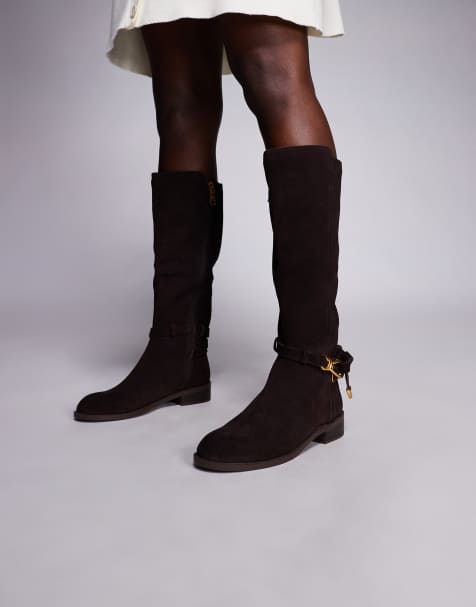 Steve Madden Xtreme buckle detail riding boots in brown suede - view 1
