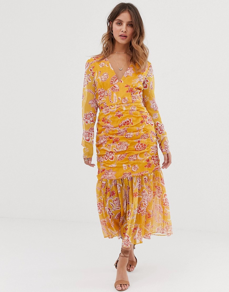Stevie May - Flourishing - Midi-jurk met ruches en geplooide rand-Oranje