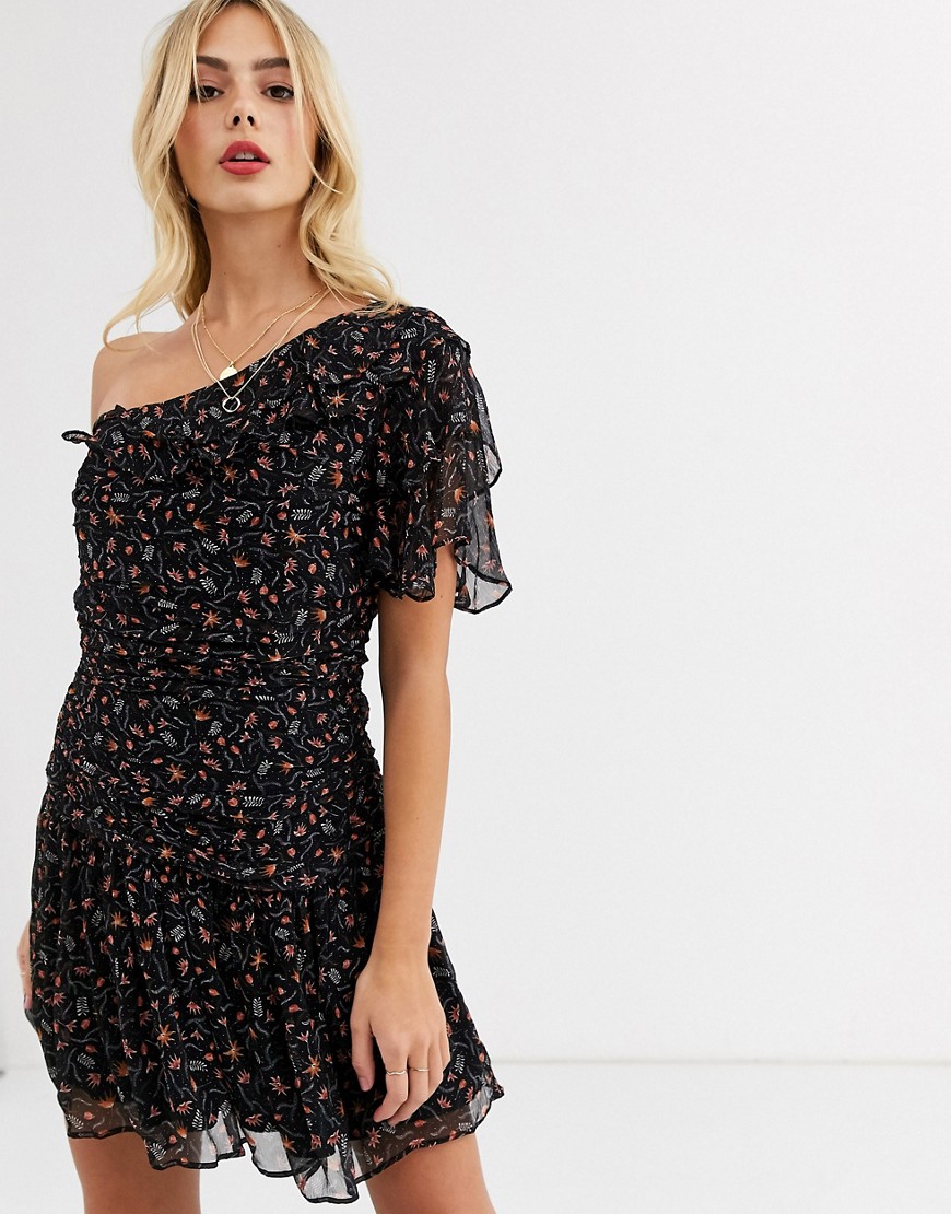Stevie May - Harriet - Mini-jurk met één blote schouder en bloemenprint-Zwart