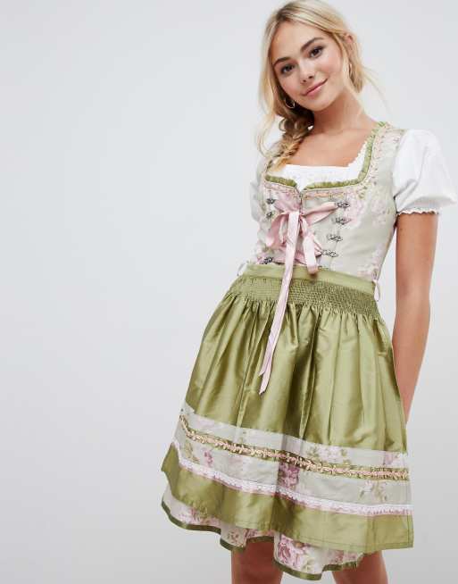 Stockerpoint Dirndl jurkje met traditionele oktoberfest en rozenprint en satijnen schort met stippen