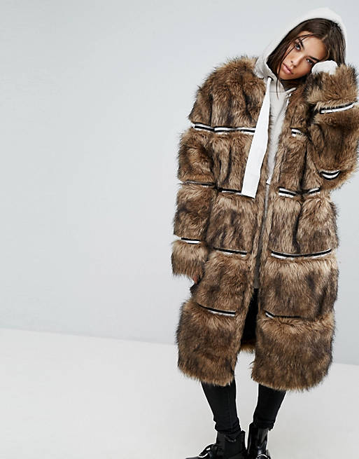 Story Of Lola Longling Faux Fur Coat With Sporty Trims