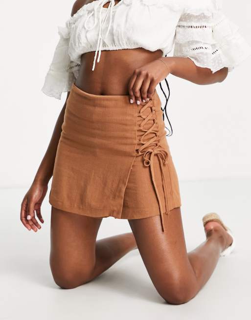 Stradivariu - Gonna pantalone rustico color cioccolato con laccetti