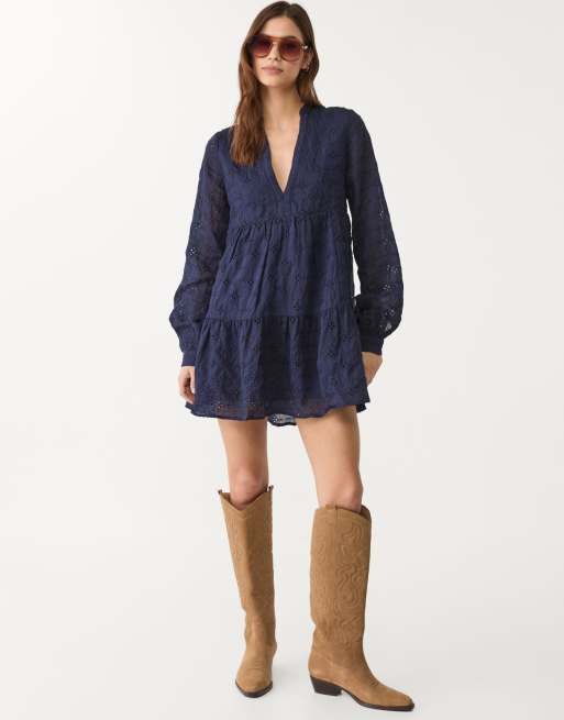Stradivariu mini dress with embroidery in navy blue