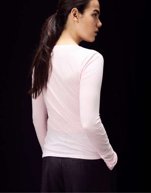 Stradivarius 100 % Baumwolle Langarm-T-Shirt in Lachsrosa, 3 von 7