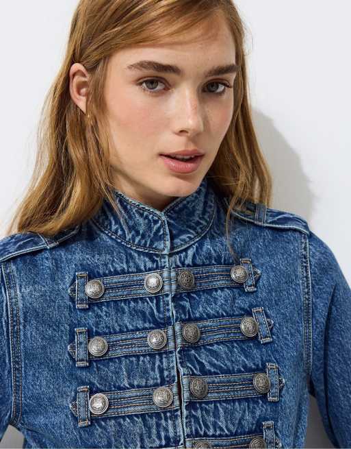 Stradivarius 100% bomuld denimjakke med knapper i overdyed blå denim, 4 af 7