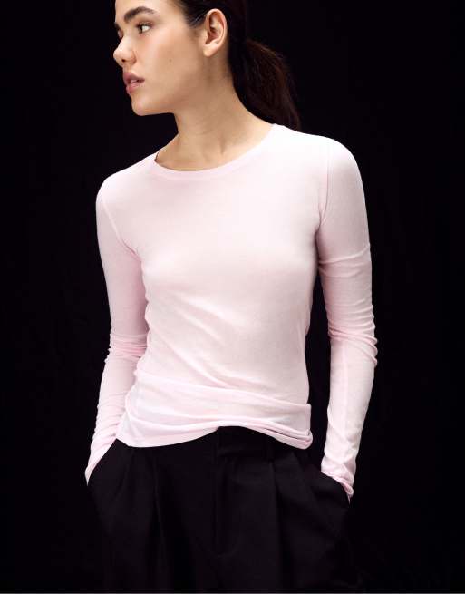 Stradivarius 100% bomuld langærmet T-shirt i laksepink, 2 af 7