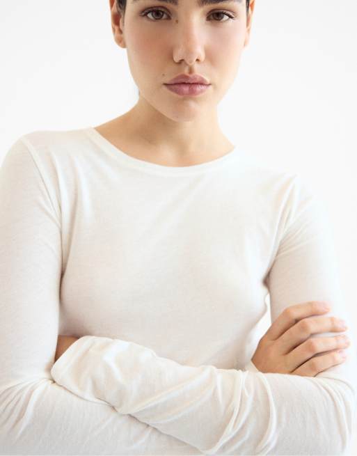 Stradivarius 100% bomull långärmad t-shirt i naturvit, 4 av 7