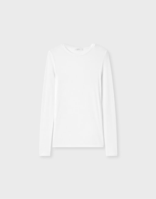 Stradivarius 100% bomull långärmad t-shirt i naturvit, 6 av 7