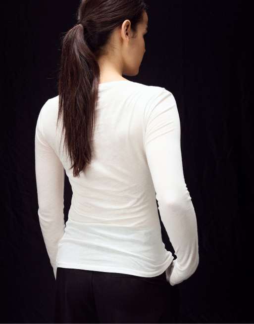 Stradivarius 100% cotton T-shirt met lange mouwen in ecru, 3 van 7