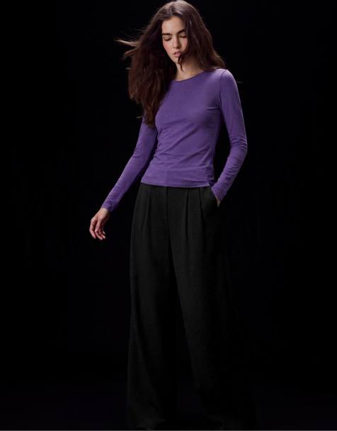 Stradivarius 100% katoen T-shirt met lange mouwen in lila - view 1