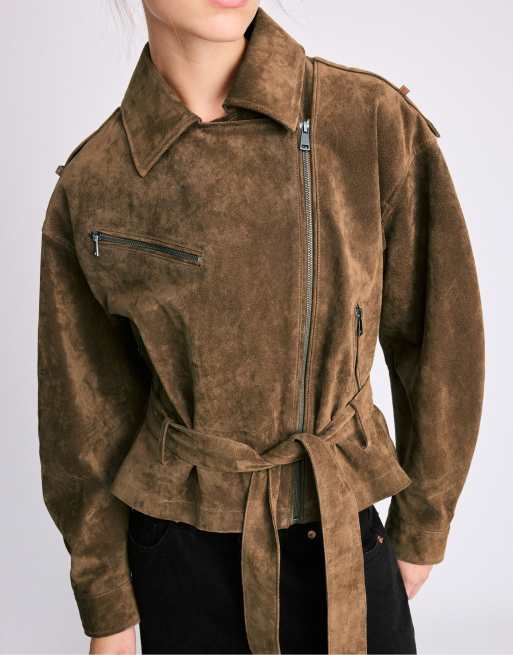 Stradivarius 100% leather biker jacket in brown, 4 of 7