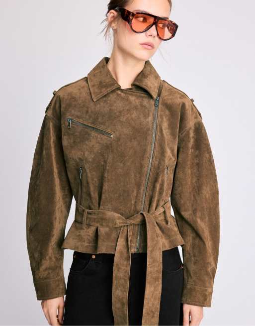 Stradivarius 100% leather biker jacket in brown, 5 of 7