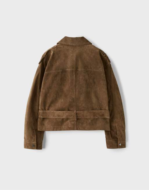 Stradivarius 100% leather biker jacket in brown, 7 of 7
