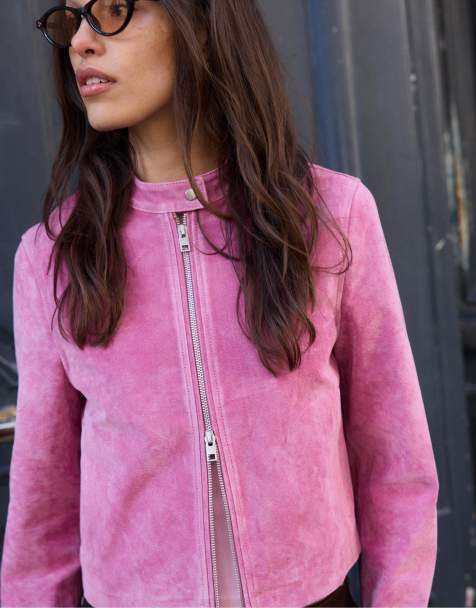 Stradivarius 100% leather biker jacket in bubblegum pink - view 1