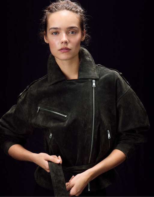 Stradivarius 100% leather biker jacket in dark grey, 2 of 7