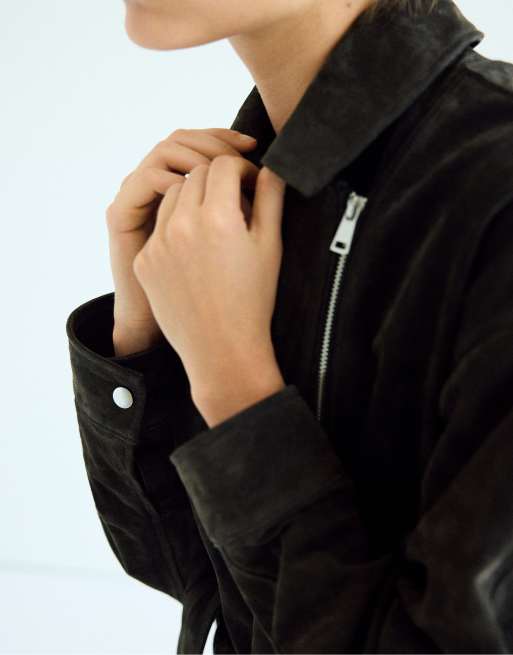 Stradivarius 100% leather biker jacket in dark grey, 4 of 7