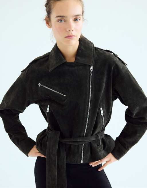 Stradivarius 100% leather biker jacket in dark grey, 5 of 7
