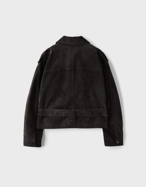 Stradivarius 100% leather biker jacket in dark grey, 7 of 7