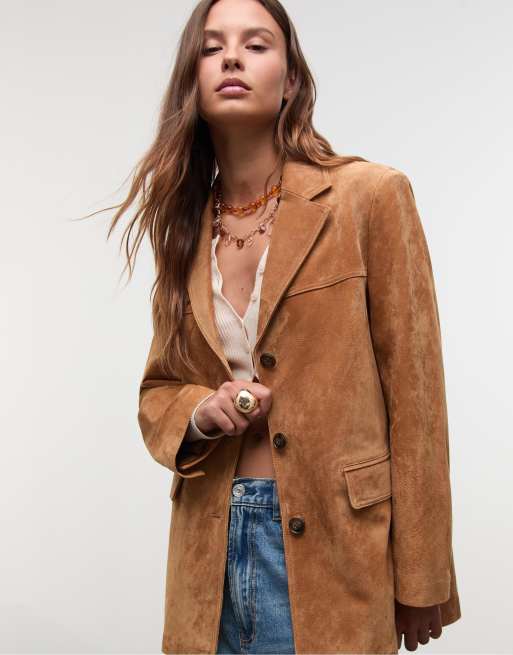 Stradivarius 100% leather blazer in pale camel | ASOS