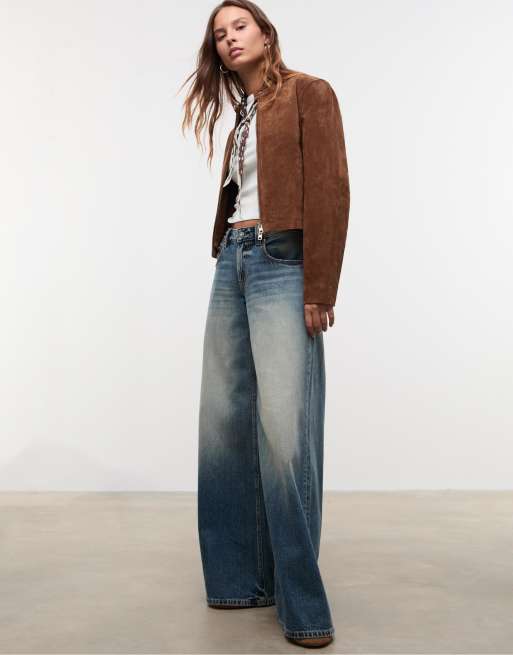 Stradivarius 100% leather cropped jacket in brown, 2 of 4