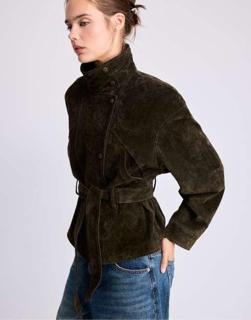 Stradivarius 100% leather high neck trench coat with belt in olive, 2 of 7