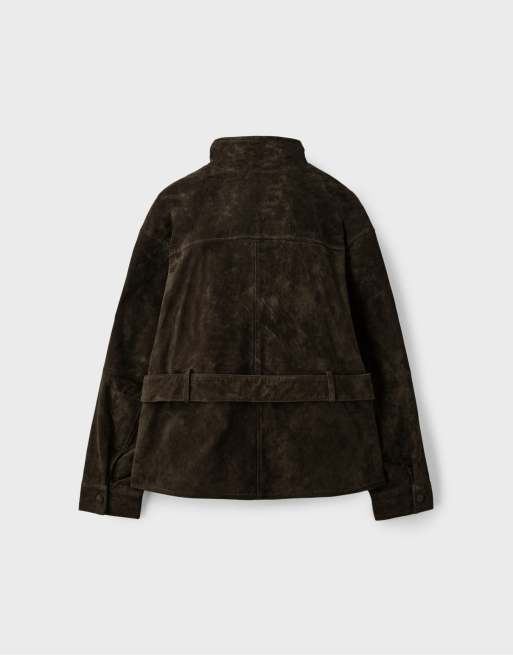 Stradivarius 100% leather high neck trench coat with belt in olive, 7 of 7