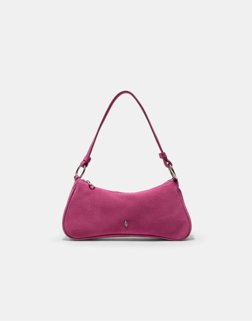 Stradivarius 100% leather moon crossbody bag in fuchsia, 3 of 4
