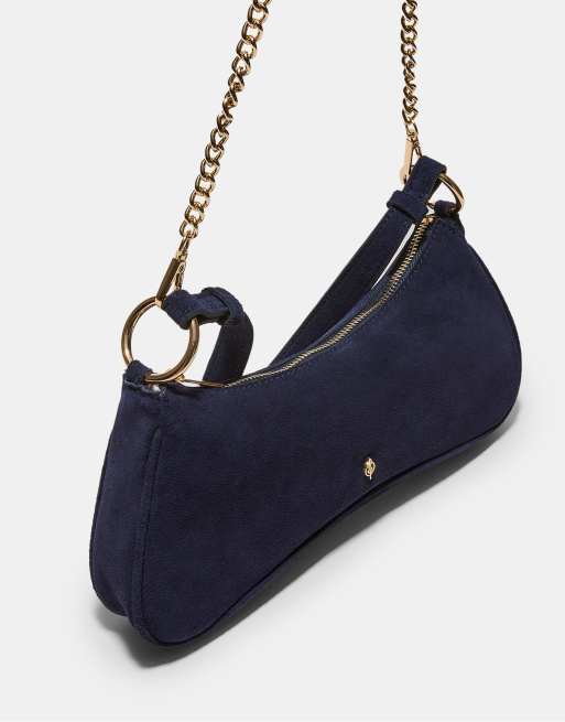Stradivarius 100% leather moon crossbody bag in navy blue, 3 of 4