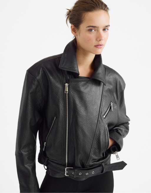Stradivarius 100% leather suede biker jacket in black, 2 of 7