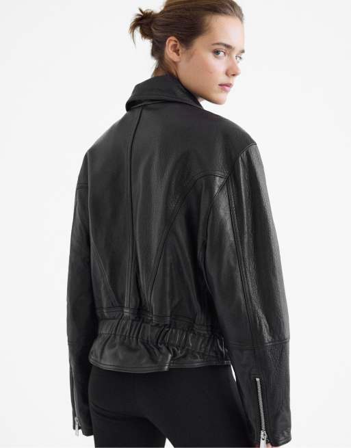 Stradivarius 100% leather suede biker jacket in black, 3 of 7