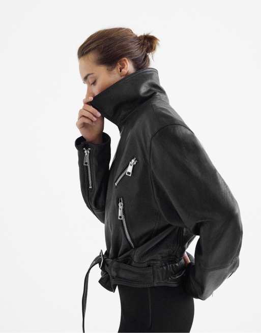 Stradivarius 100% leather suede biker jacket in black, 5 of 7