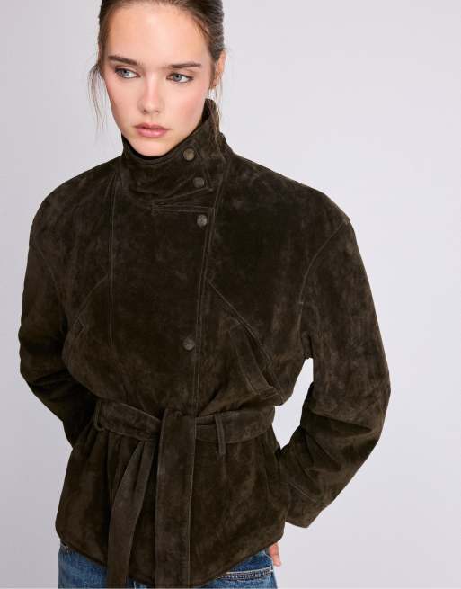 Stradivarius 100% leren hoogsluitende trenchcoat met riem in olijfgroen, 5 van 7