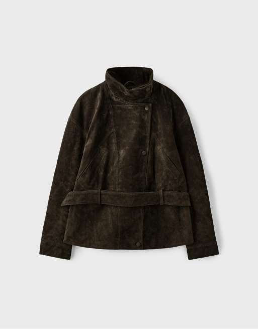 Stradivarius 100% leren hoogsluitende trenchcoat met riem in olijfgroen, 6 van 7