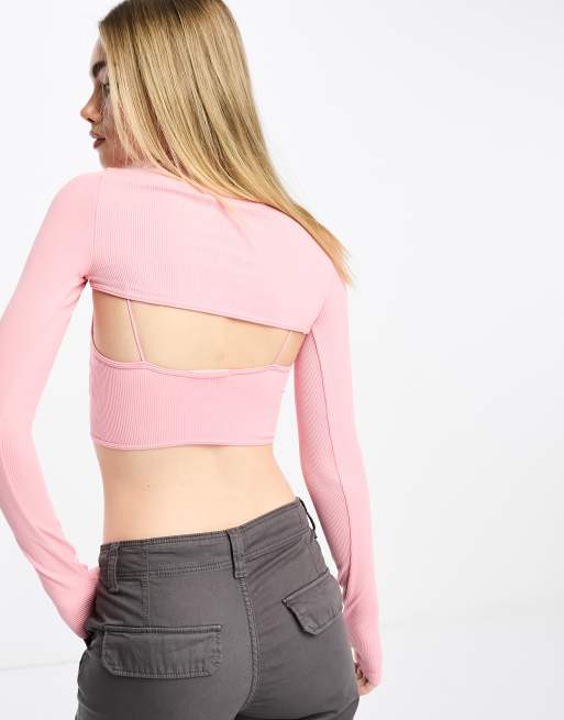 Stradivarius ruched mesh top in pink