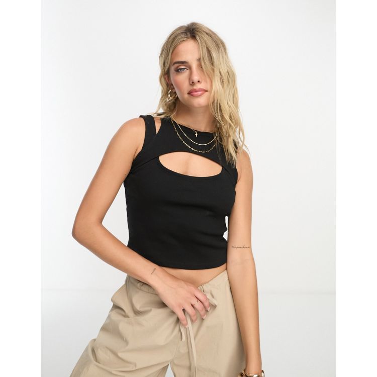Stradivarius ruched front tank top in black